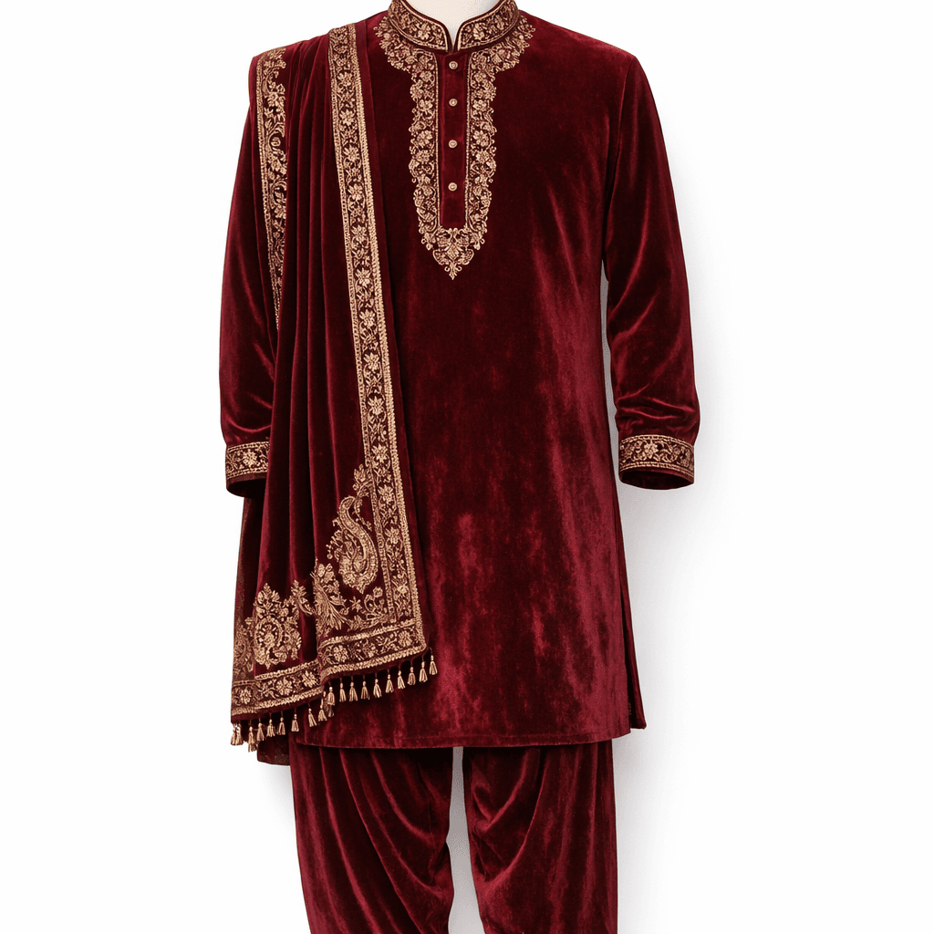 Men's 3PC Suit - Maroon Velvet