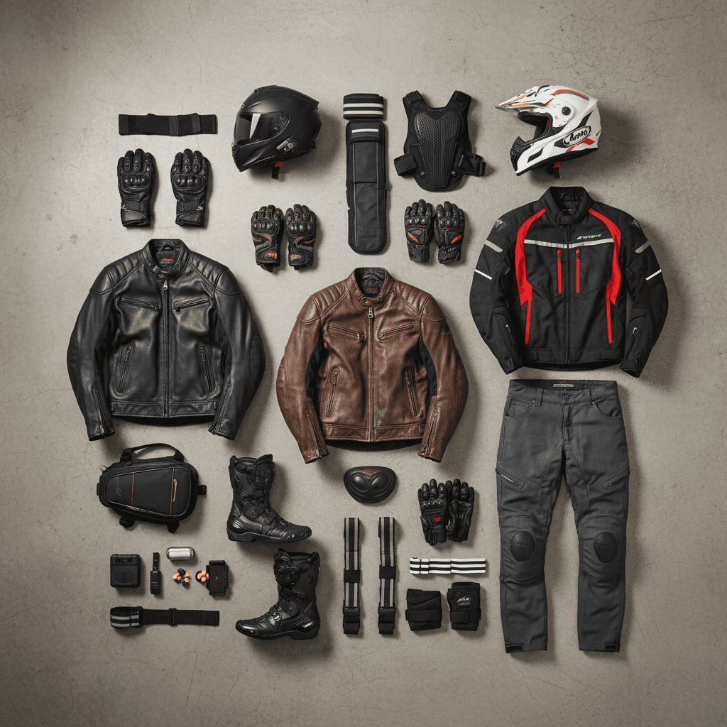 Motorbike apparel including leather jackets and protective riding gear