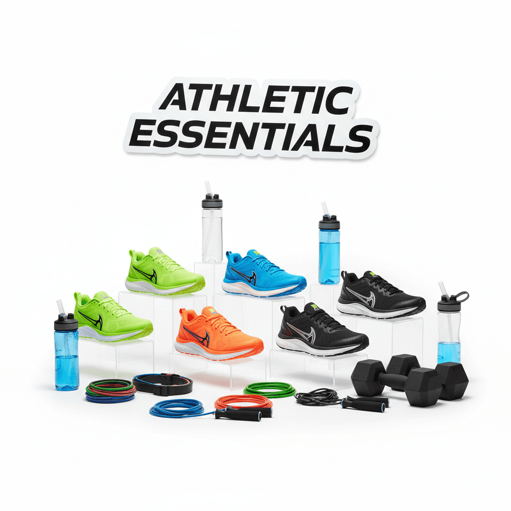 Sports gear collection including shoes, water bottles, and athletic accessories
